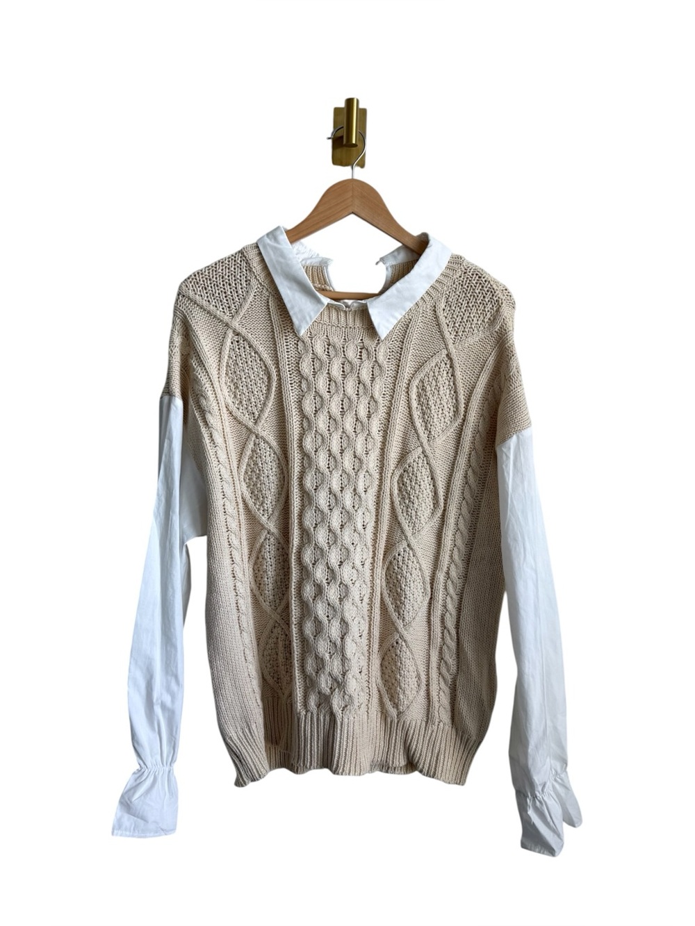 Sunday Edition Mixed Media Cable Knit Sweater Poplin Shirt Tan Womens L